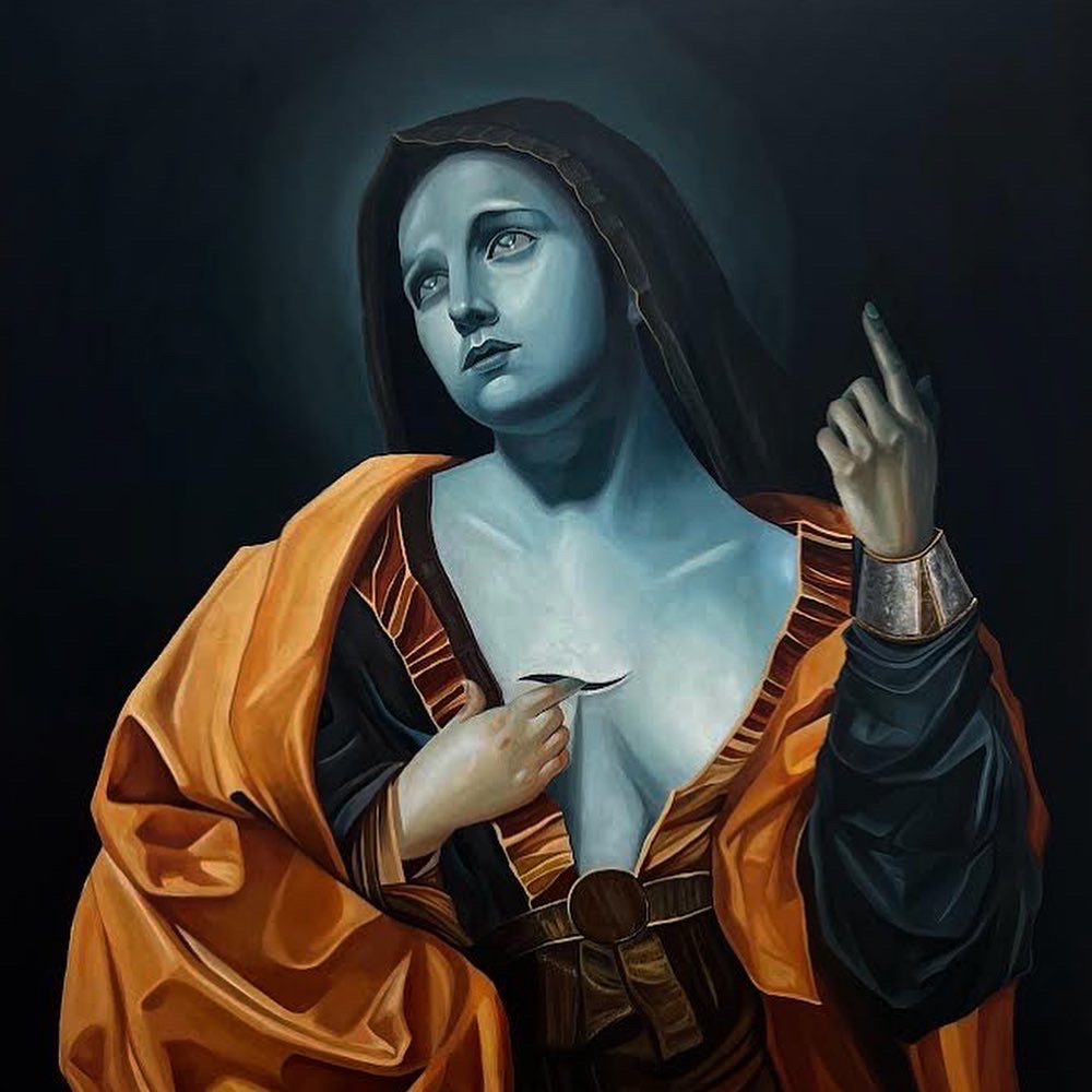 Madonna delle Stelle — a blue-skinned Madonna figure against a dark ground