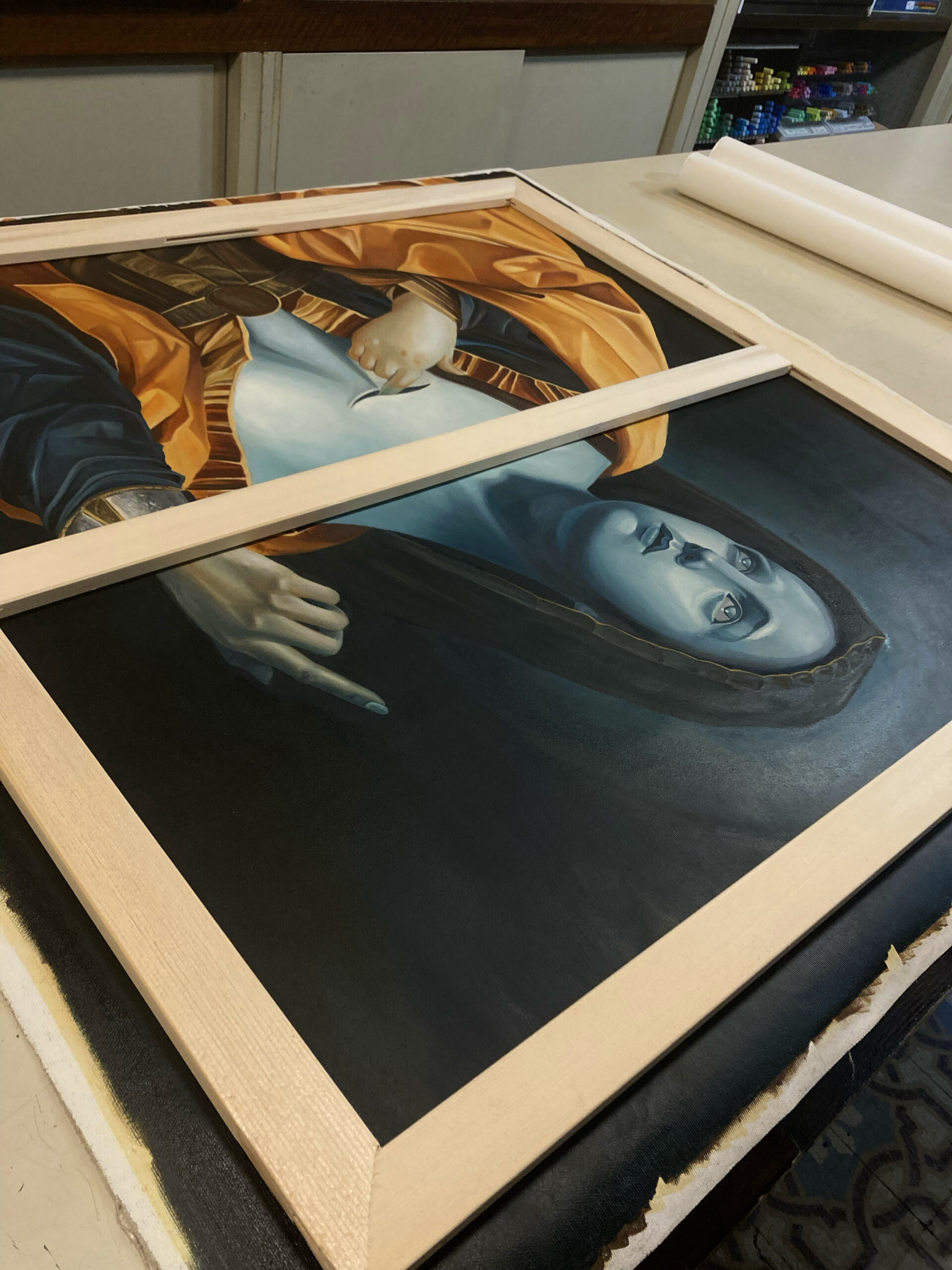 Madonna delle Stelle — canvas being stretched and framed